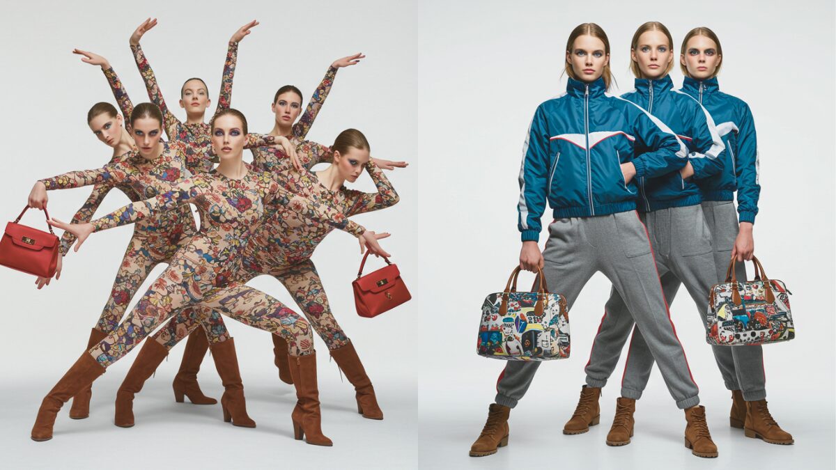 ダイナミックなファッション・エディトリアル・フォトシュート。左側では、柄物のボディスーツに茶色のブーツを履いた同一人物の女性たちが、コンテンポラリーダンスのような芸術的なポーズをシンクロさせている。彼女たちはそれぞれ小さな赤いハンドバッグを持ち、その動きは流動性と優雅さを醸し出している。右側では、スポーティなブルーのジャケットにグレーのパンツ、茶色のブーツを履いた同じ女性たちが、力強くシンクロした姿勢をとっている。